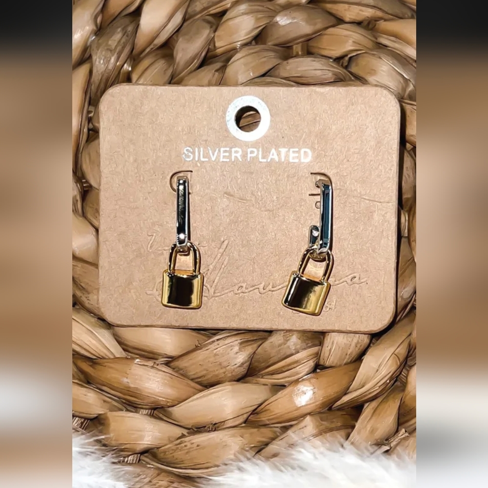 Silver plated lock style earrings
